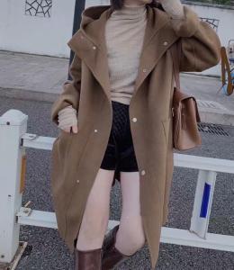 SL20129连帽双口袋长款百分百羊毛双面呢大衣,女装,L·H·X