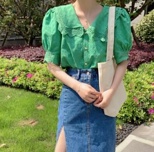 刺绣棉翻领花边衬衣,女装,新袖
