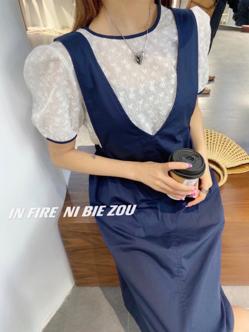 夏季新款两件套设计背带连衣裙，女装连衣裙，你别走