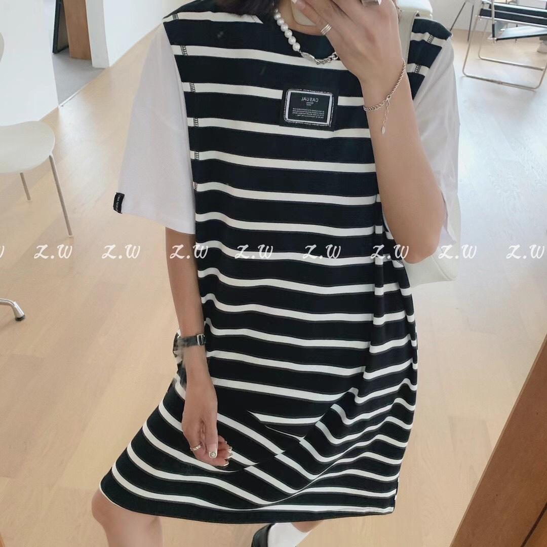 夏季新款拼接连衣裙休闲条纹，女装连衣裙，AT(2F)