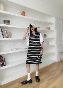 夏季新款拼接连衣裙 休闲条纹,女装连衣裙,AT(2F)