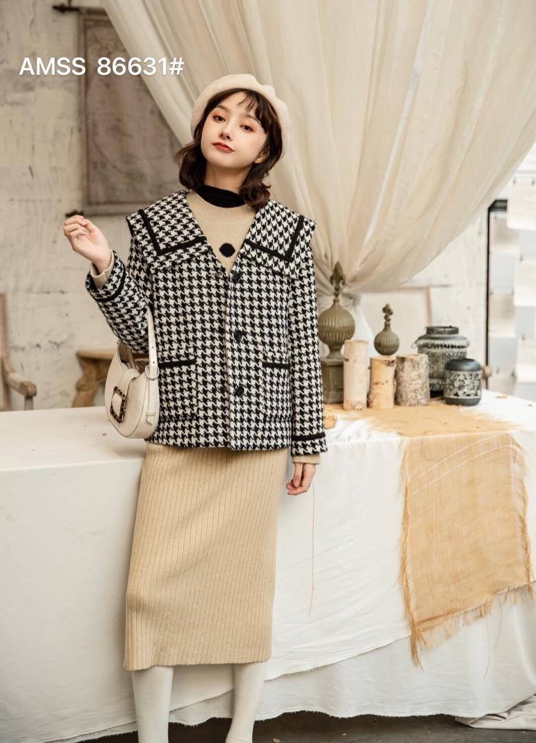 格子短款呢料外套，女装，AMSS 艾玛莎莎
