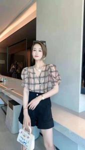现货：夏季新款，格子V领小衫,女装,花之妖影