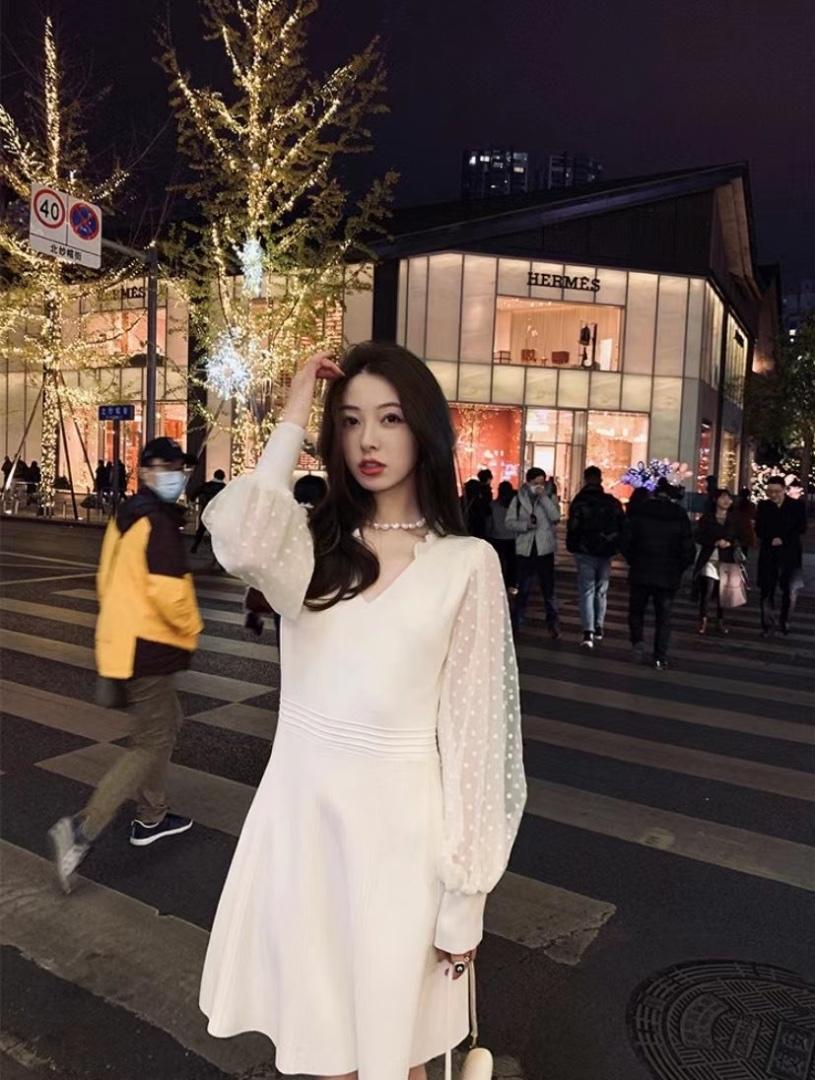 拼波点纱袖冰丝连衣裙黑白两色，女装连衣裙，cherry·印