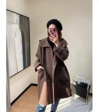 SL20129连帽双口袋长款百分百羊毛双面呢大衣，女装，L·H·X