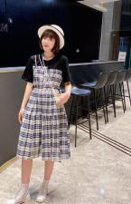 夏款格子拼接裙子，女装，谷斯