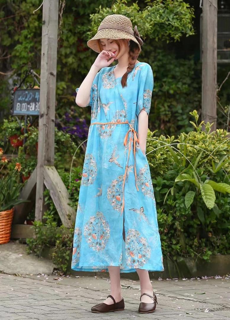 现货2021春夏新款民族风苎麻印花沙滩连衣裙，女装连衣裙，美诗欧 Missorly
