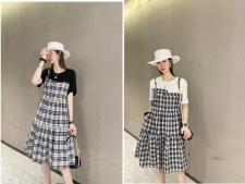 现货。夏款格子拼接连衣裙,女装连衣裙,谷斯