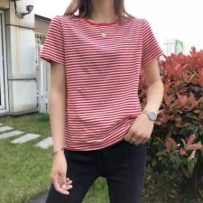 AX8011夏季休闲百搭刺绣条纹纯棉短袖T恤，女装T恤，L·H·X