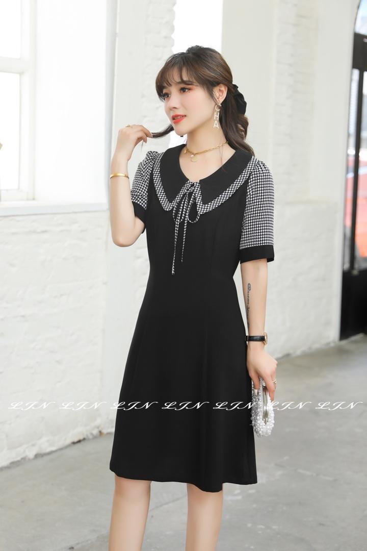 娃娃领简约收腰连衣裙，女装连衣裙，莲佳妮