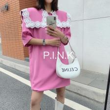 现货夏季新款棉麻彩织短袖西服当季连衣裙，女装连衣裙，PINK