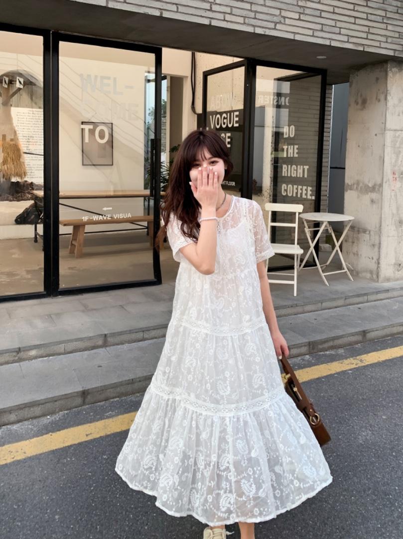 真丝绉绣花连衣裙，女装连衣裙，天使公主