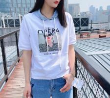 夏季短袖拼牛仔帽子，女装，留缘