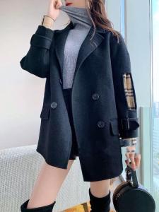 SL007时尚潮流袖子拼接格子双排扣百分百羊毛西装外套，女装西装，L·H·X