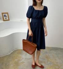 方领泡泡袖连衣裙，女装连衣裙，土布鱼