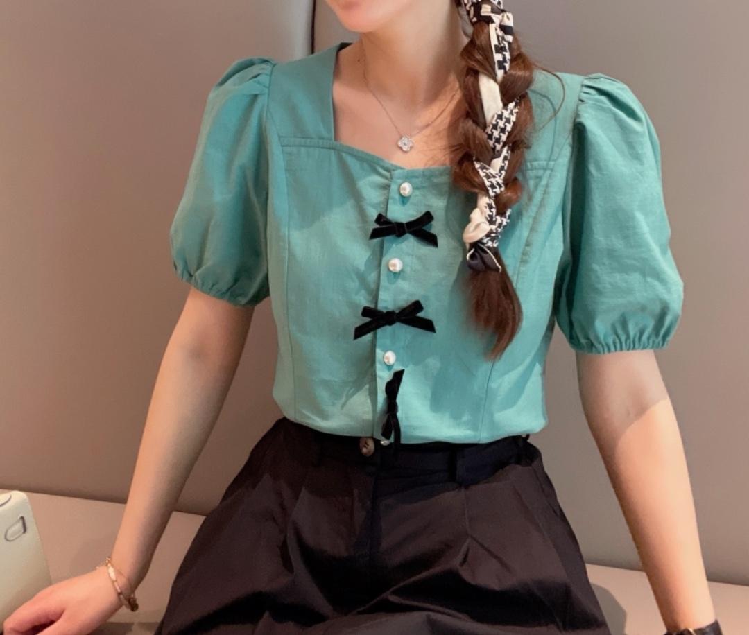 麻料蝴蝶结上衣，女装，新袖
