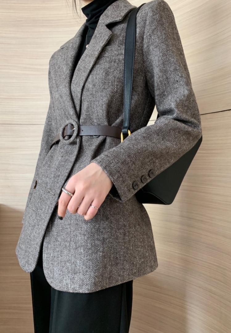 经典款呢料人字纹西装外套，女装西装，炫欧澜
