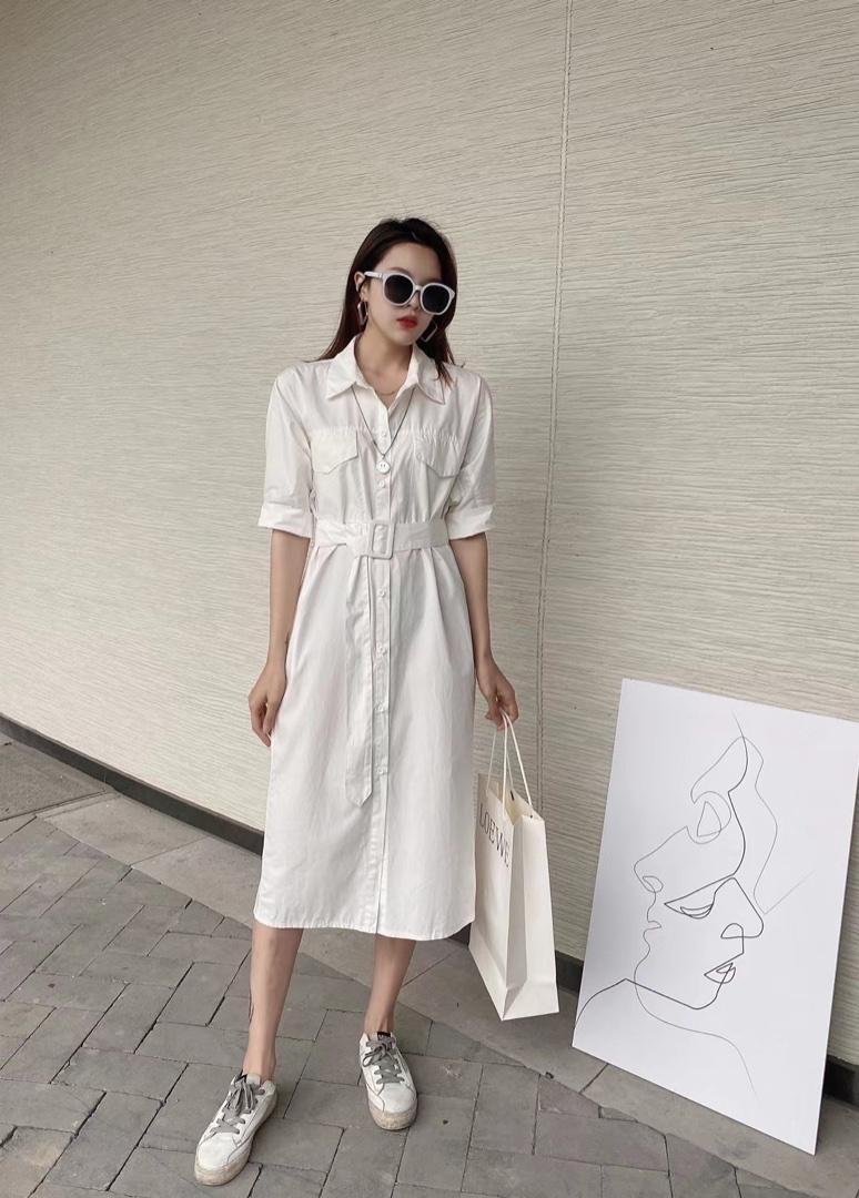 ［爱美欧］夏季新款带腰带长款衬衫连衣裙，女装衬衫，爱美欧