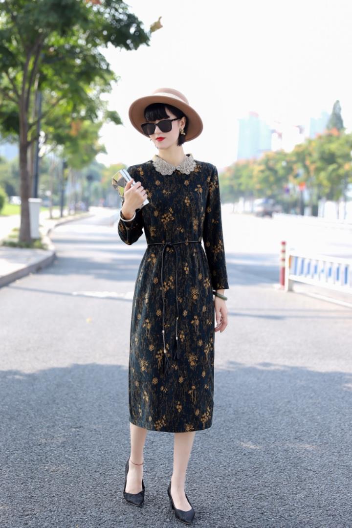 貂绒钻领气质连衣裙含羊毛，女装连衣裙，澳洛菲