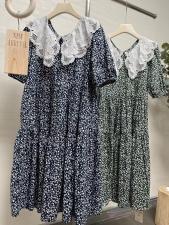 【现货】夏季新款小房子图案雪纺领连衣裙，女装连衣裙，KEYI