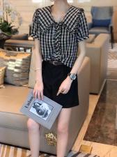 夏季娃娃领黑白格衬衫，女装衬衫，斐媞梦