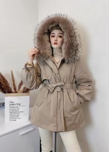 2021冬款新款大毛领配腰带90绒休闲羽绒服,女装羽绒服,红雀纺