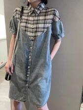 AX306欧洲站格子拼接衬衫牛仔连衣裙2021新款洋气减龄，女装衬衫，L·H·X