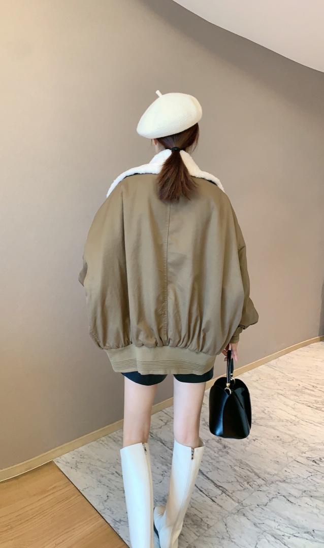 仿羊羔毛领短款派克服，女装，肆尔
