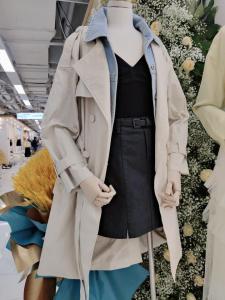 2021春装新款外套女牛仔拼接假两件时尚百搭中长款风衣,女装风衣,迷吉meeggle