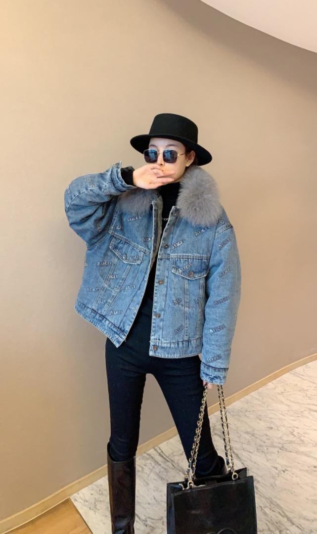 贴亮片款狐狸毛领短款派克服，女装，肆尔