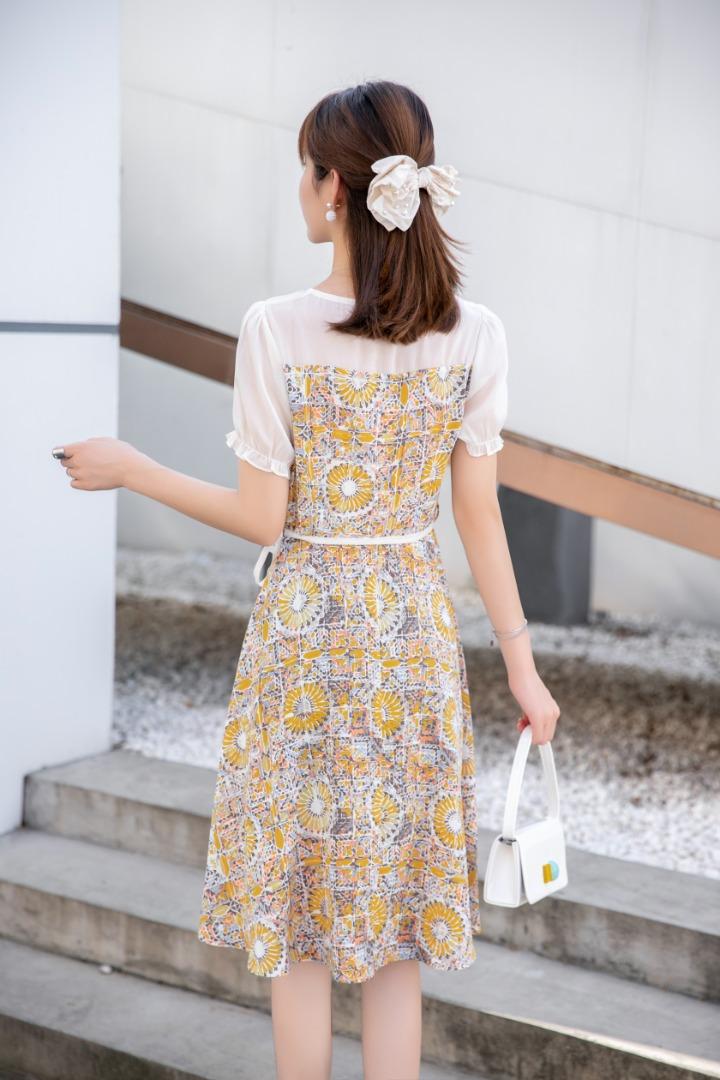 夏季新款韩版花色淑女气质连衣裙，女装连衣裙，水锦红