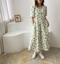 V领鸡蛋花连衣裙，女装连衣裙，土布鱼