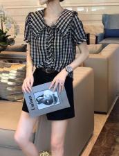 夏季娃娃领黑白格衬衫，女装衬衫，斐媞梦