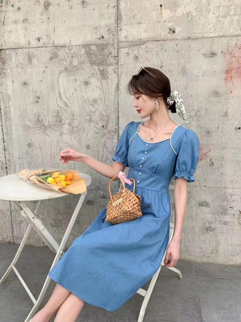 2021年夏季新品牛仔镶珍珠收腰显瘦连衣裙，女装连衣裙，圣伊敏
