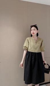 ZCL612欧洲站2021夏季新款撞色圆领门襟拉链休闲连衣裙,女装连衣裙,L·H·X
