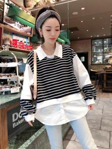 一杭翻领条纹假两件,女装,一杭