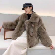 ZAF203同红双排皮扣真狐狸毛皮草外套，女装皮草，L·H·X
