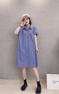 XL9915欧货韩版2021夏装新款翻领泡泡袖抽绳条纹连衣裙,女装连衣裙,L·H·X