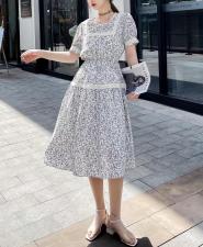 现货夏季法式碎花连衣裙2021新款收腰中长款长袖很仙的，女装连衣裙，妍妍衣坊