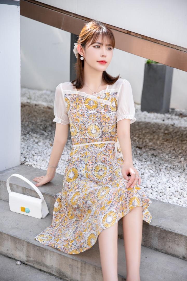 夏季新款韩版花色淑女气质连衣裙，女装连衣裙，水锦红