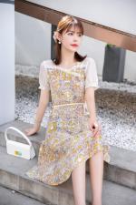夏季新款韩版花色淑女气质连衣裙，女装连衣裙，水锦红