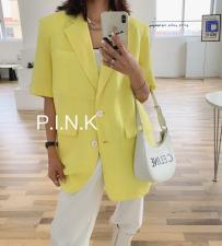 现货夏季新款棉麻彩织短袖西服当季连衣裙，女装连衣裙，PINK