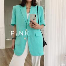 现货夏季新款棉麻彩织短袖西服当季连衣裙，女装连衣裙，PINK