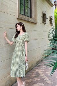 夏季新款 复古小清新绿色法式连衣裙,女装连衣裙,水锦红