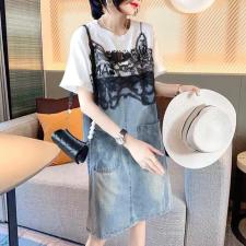 牛仔拼接连衣裙，女装连衣裙，玫瑰共和国