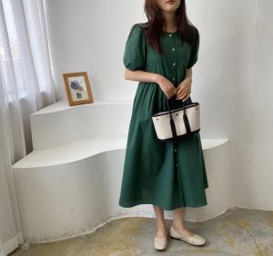 褶皱圆领连衣裙,女装连衣裙,土布鱼