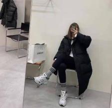 DG858韩版2021新款翻领系带中长款过膝百分百白鸭羽绒服，女装羽绒服，L·H·X