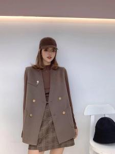 SL20288欧版小V领时尚双排扣带胸针百分百羊毛马甲,女装马夹,L·H·X
