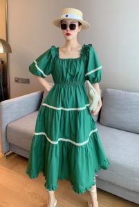 夏季新款 复古绿泡泡袖法式少女连衣裙,女装连衣裙,水锦红