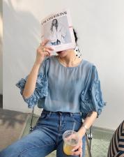 天丝荷叶袖小衫，女装，依纤